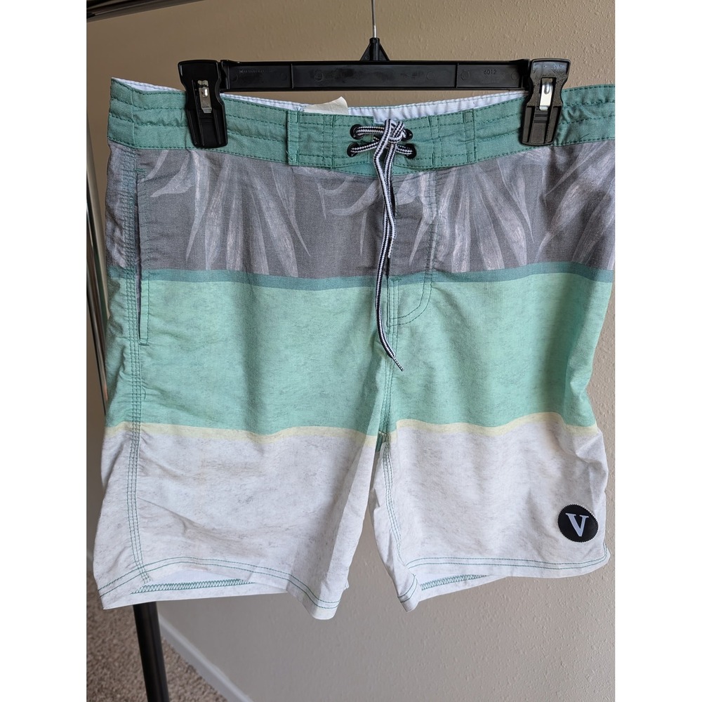 Vier Surf Southermost Mens Board Shorts Green Grey Colorblock Palm Print Size 30